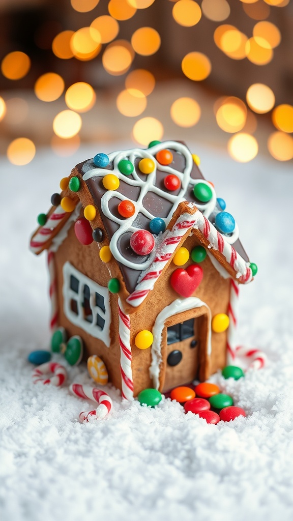 A festive gingerbread house decorated with icing and colorful candies, set against a snowy backdrop.